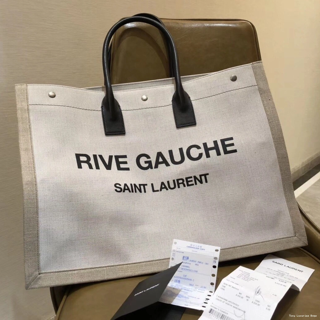 Tony Luxuries RIVE YSL AND BAG LINEN IN LEATHER TOTE GAUCHE 0723
